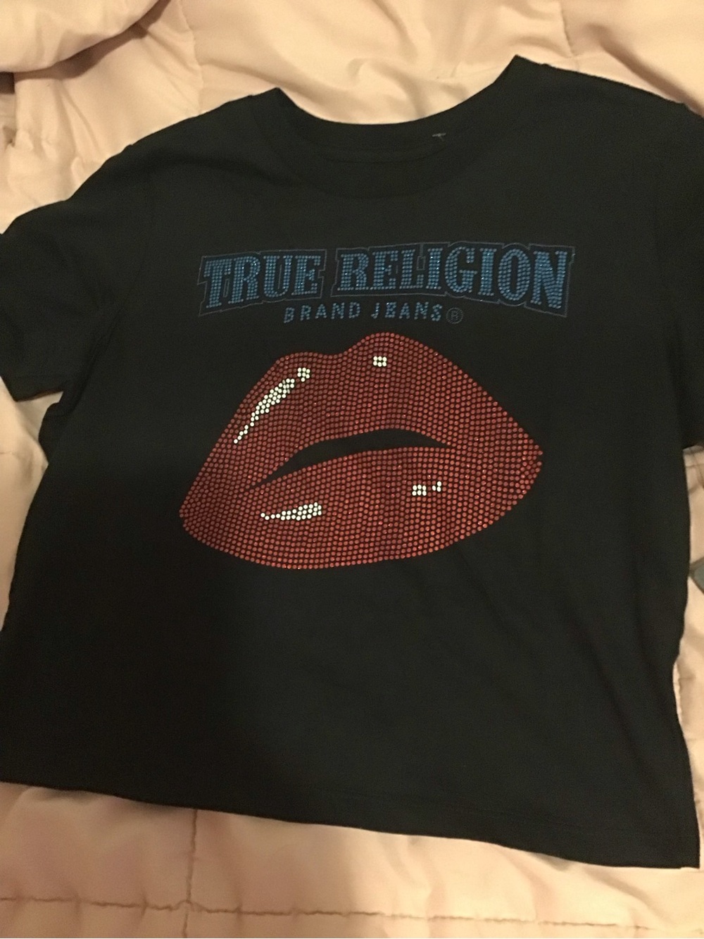 True Religion Black Tee with Red Lip Graphic